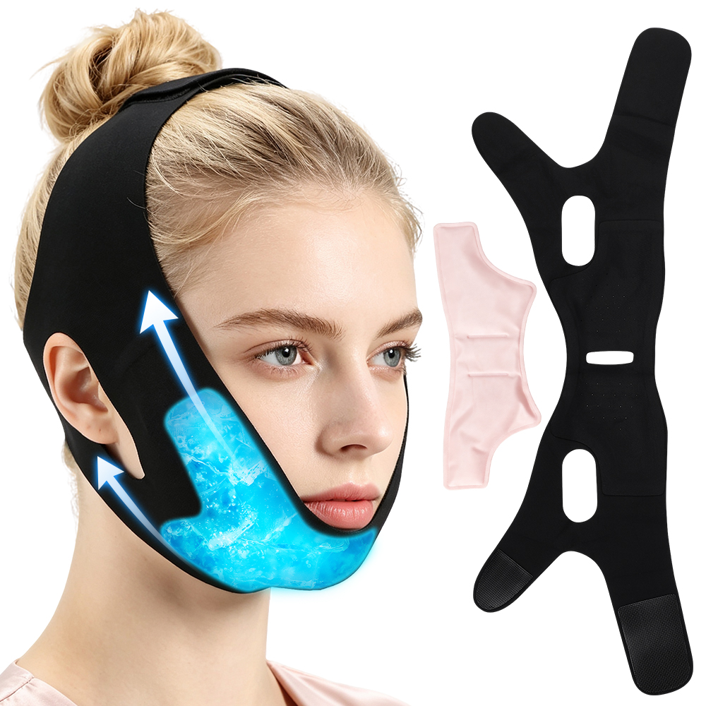 Black Face Mask Pack - フェイスアイスパック 再利用可能なホットコールドジェルパック付き V字型輪郭顎ストラップ むくみ緩和 知恵歯手術用リフトバンド ブラック